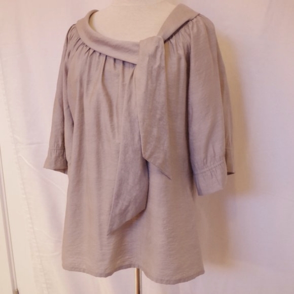 BCBG Taupe Sailor Smock Blouse w/Neck Tie- Sz. Sm - Picture 2 of 4